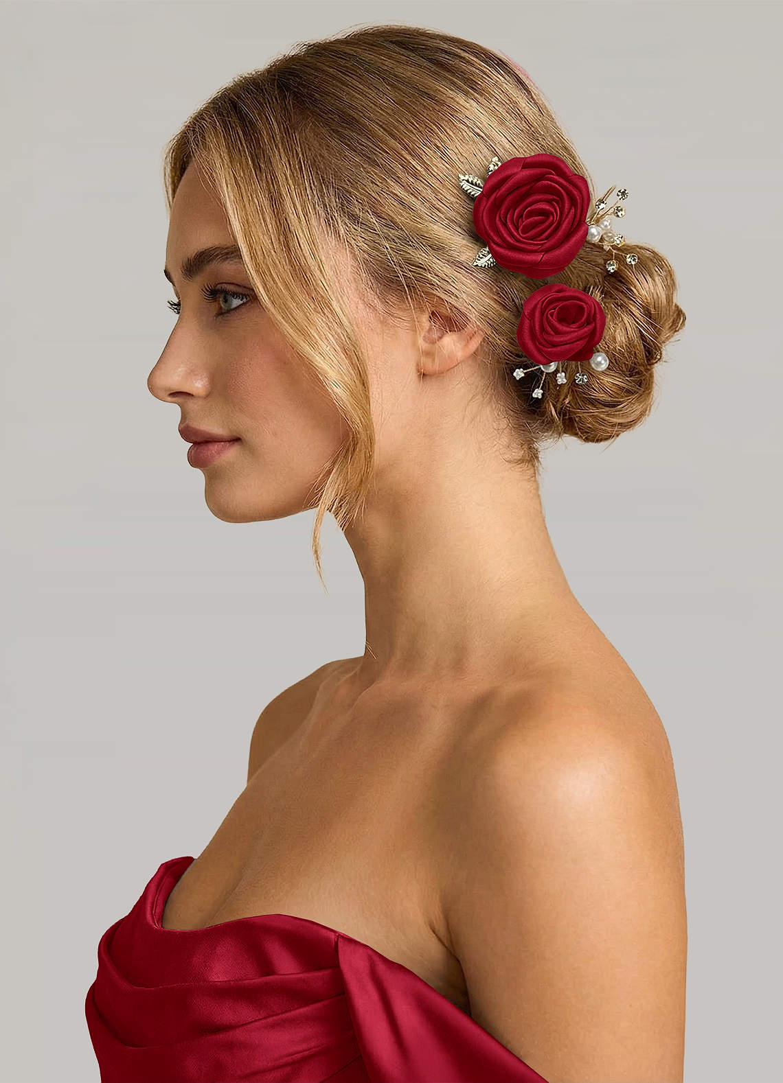 Matching Color Matte Satin Rose Hairpin Set — Scarlet — 图 229/244