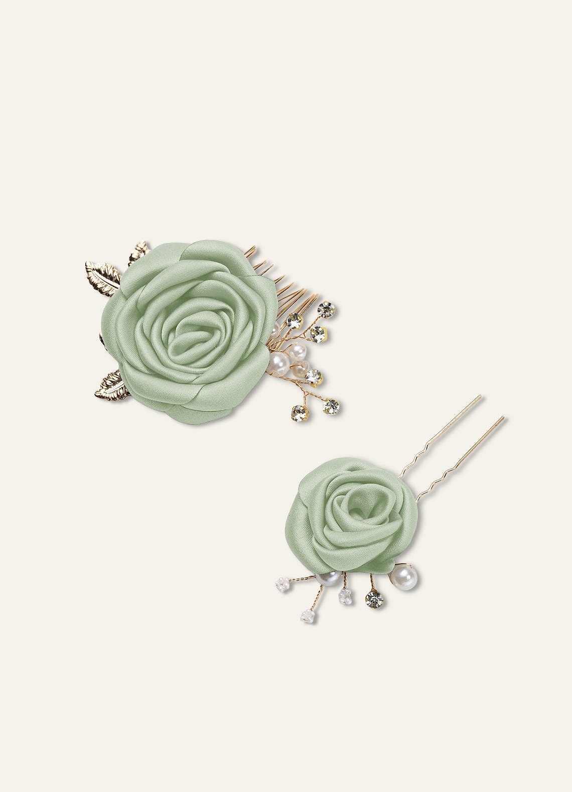 Matching Color Matte Satin Rose Hairpin Set — Dusty Sage — 图 1/244