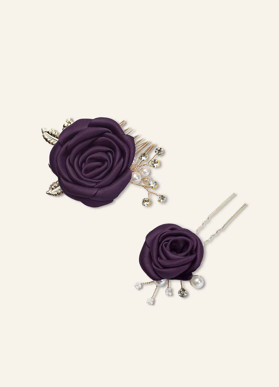 Matching Color Matte Satin Rose Hairpin Set — Plum — 图 41/244