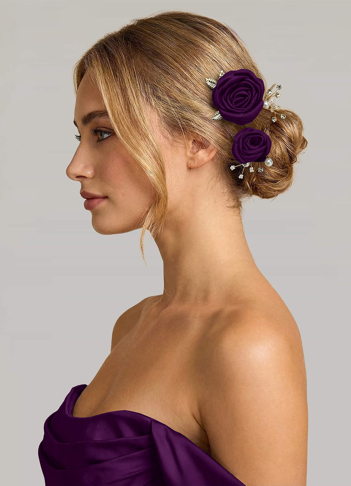 Matching Color Matte Satin Rose Hairpin Set — Grape — 图 223/244