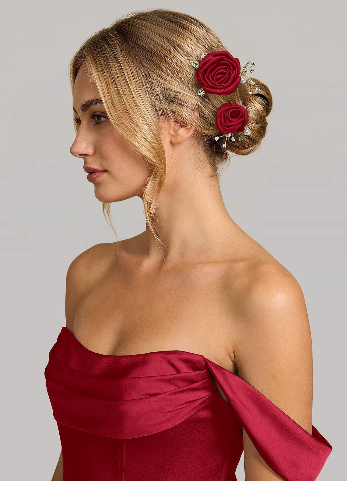Matching Color Matte Satin Rose Hairpin Set — Scarlet — 图 107/244
