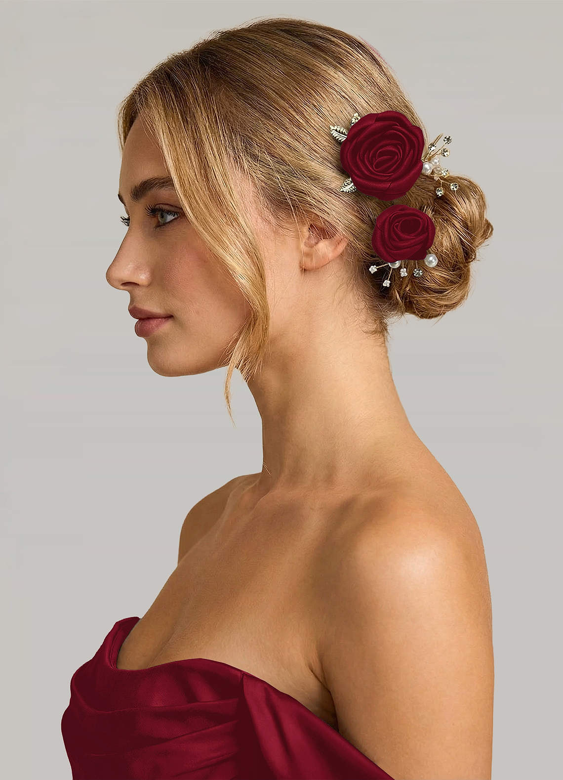 Matching Color Matte Satin Rose Hairpin Set — Burgundy — 图 230/244