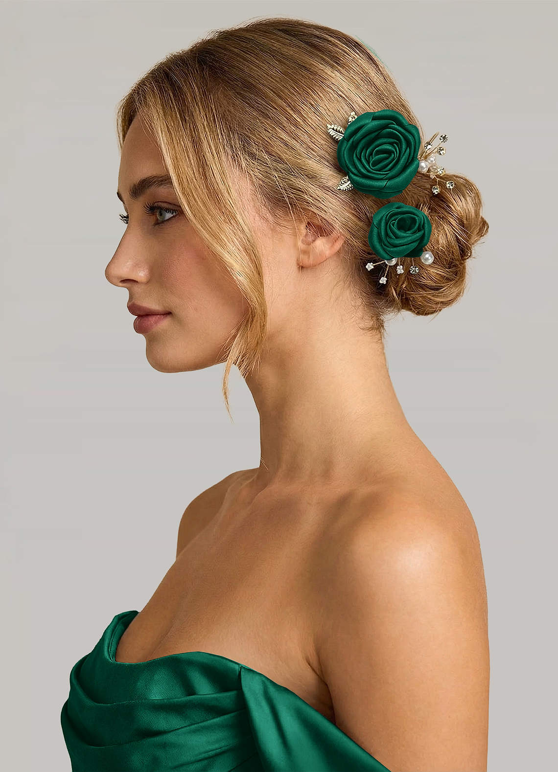 Matching Color Matte Satin Rose Hairpin Set — Emerald — 图 194/244