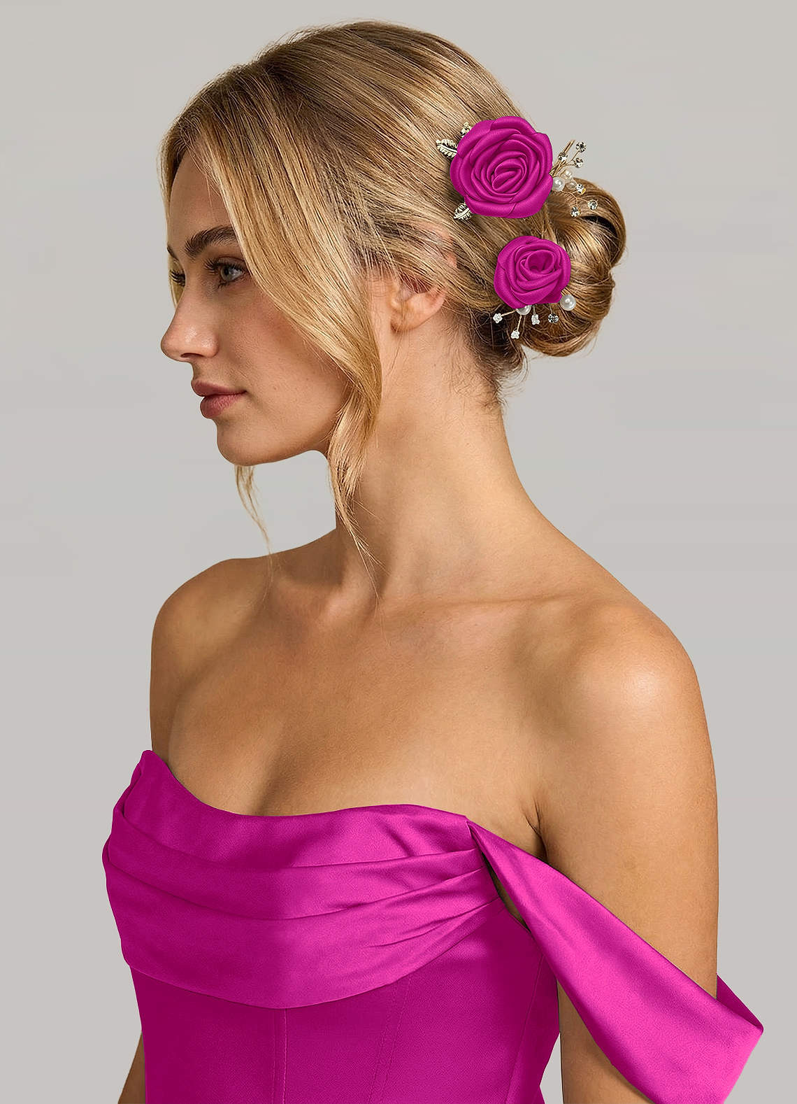 Matching Color Matte Satin Rose Hairpin Set — Fuchsia — 图 92/244