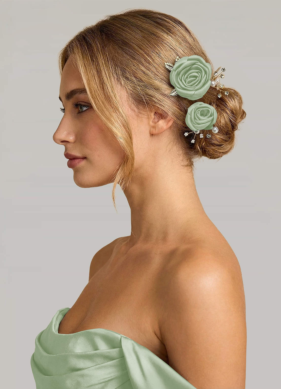 Matching Color Matte Satin Rose Hairpin Set — Dusty Sage — 图 184/244
