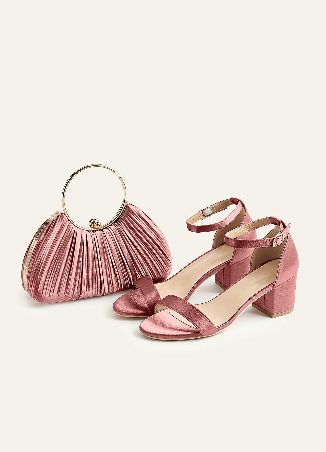 Matching Color Metallic Satin Pleated Handbag — Rosette, rose gold — 图 80/204