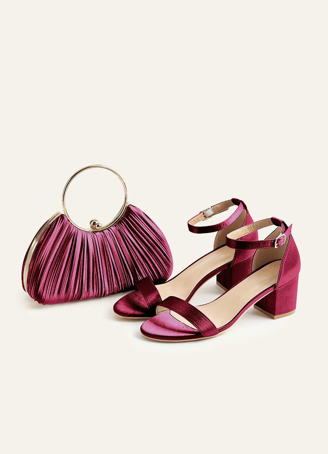 Matching Color Metallic Satin Pleated Handbag — Burgundy — 图 134/204