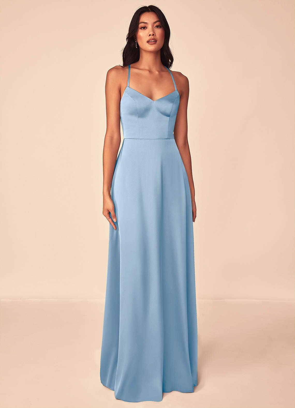 Mei A-Line V-Neck Stretch Satin Bridesmaid Dress in Powder Blue