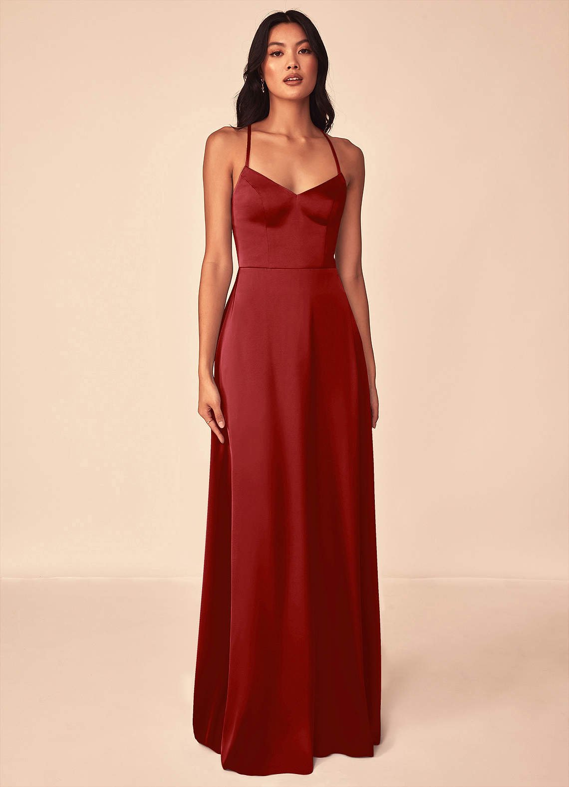 Mei A-Line V-Neck Stretch Satin Bridesmaid Dress in Pomegranate