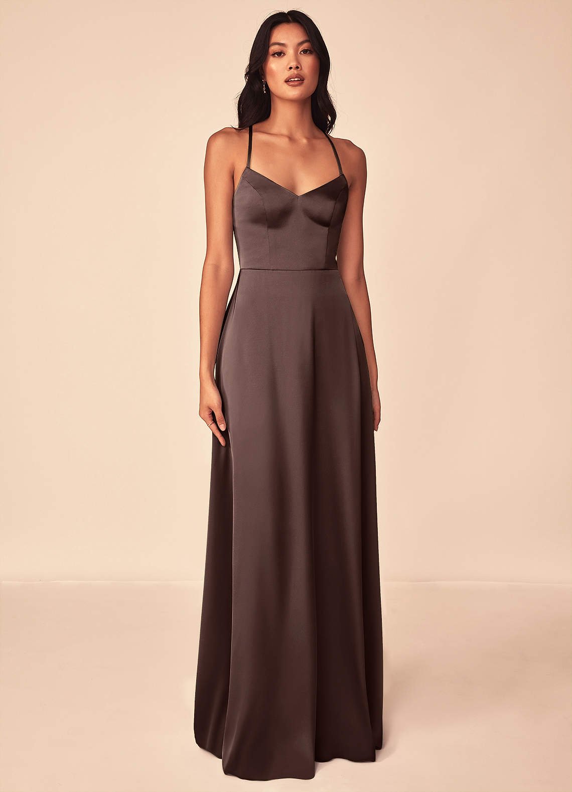 Mei A-Line V-Neck Stretch Satin Bridesmaid Dress in Ganache
