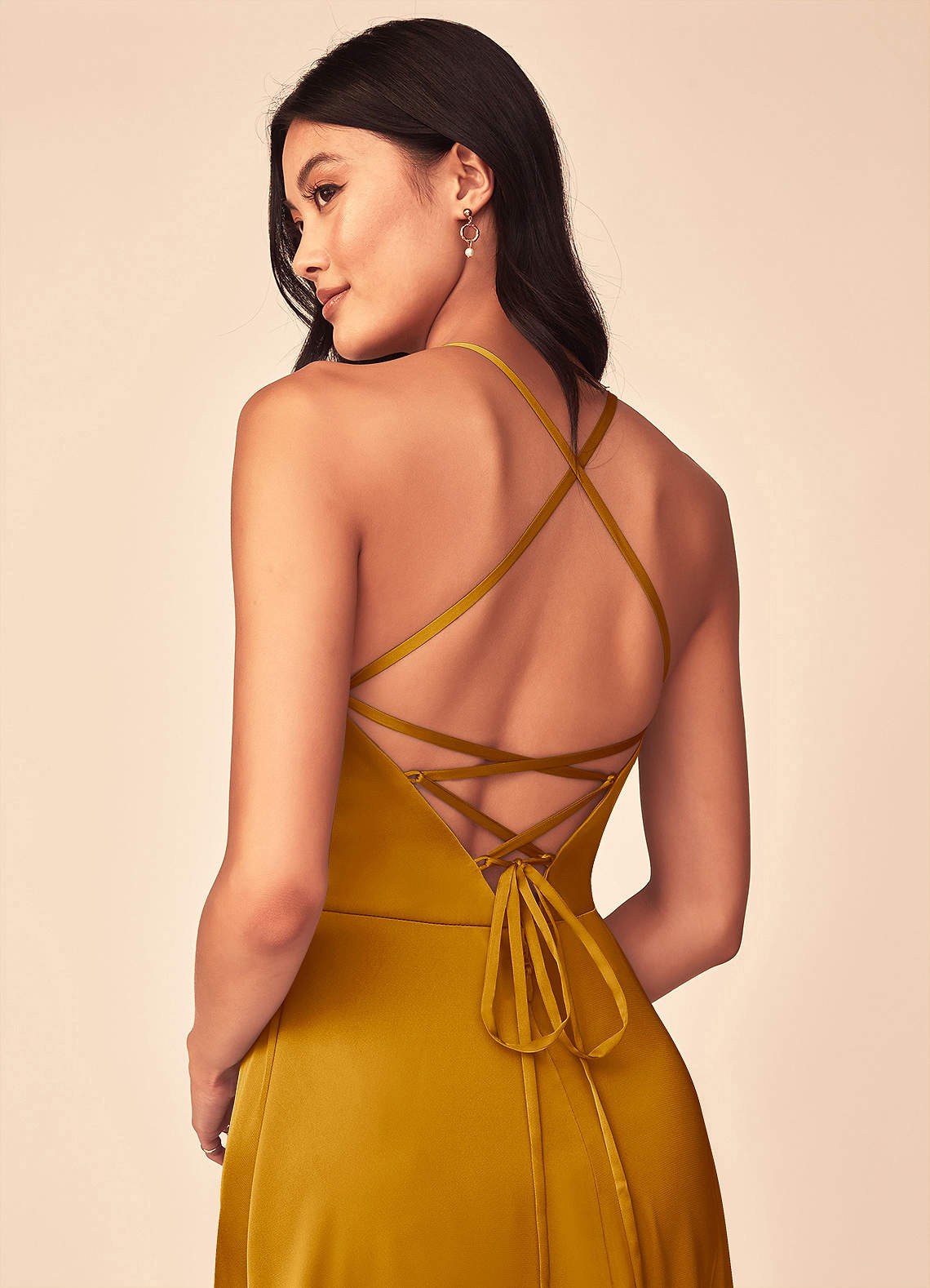 Mei A-Line V-Neck Stretch Satin Bridesmaid Dress in butterscotch