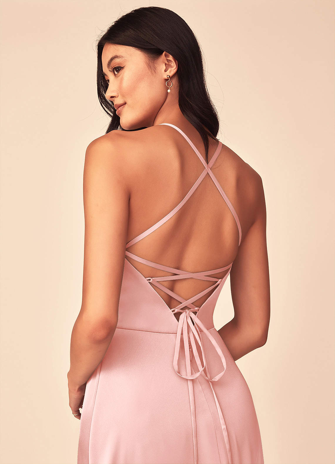 Mei A-Line V-Neck Stretch Satin Bridesmaid Dress in Powder Pink