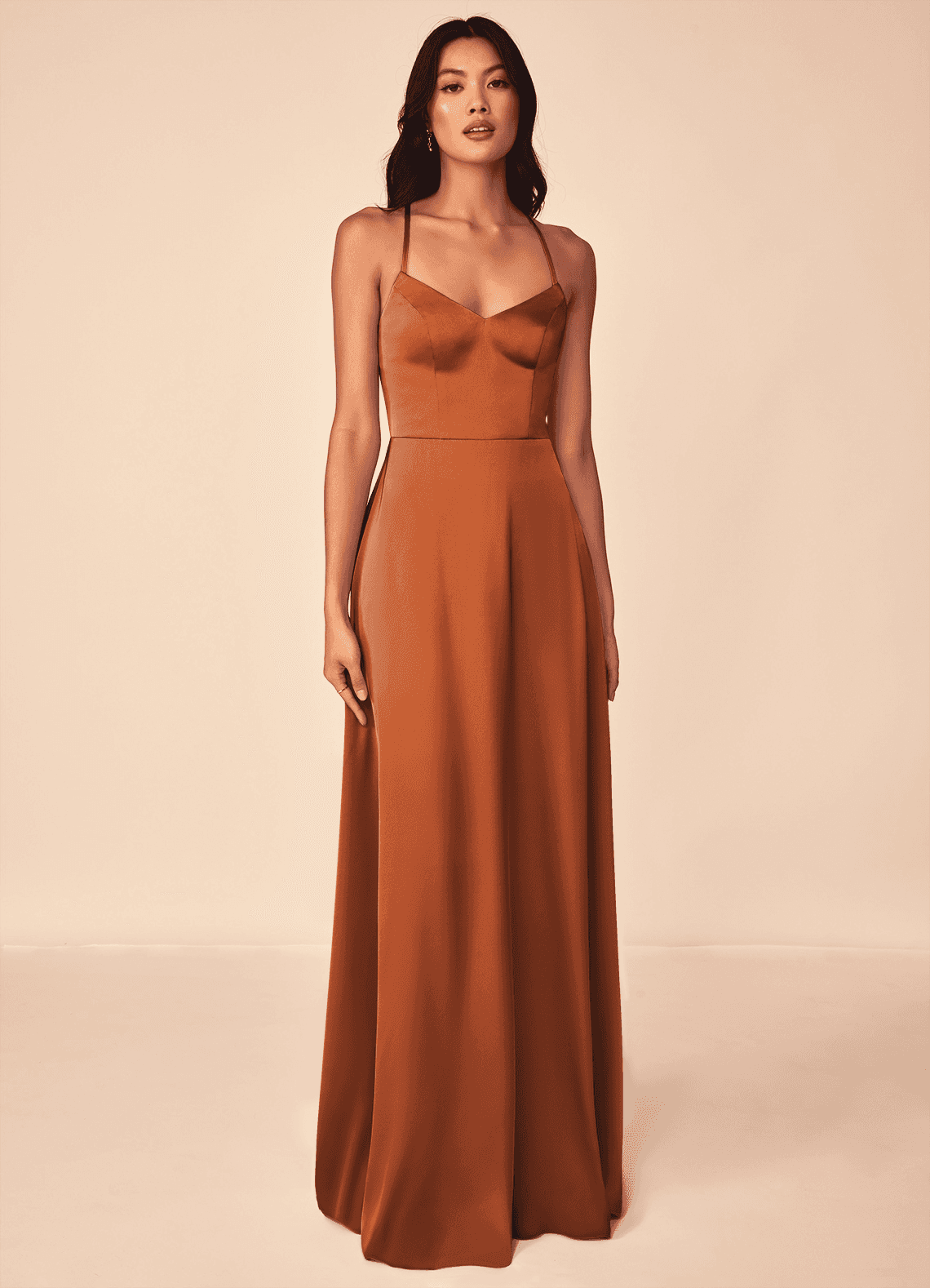 Mei A-Line V-Neck Stretch Satin Bridesmaid Dress in Cinnamon