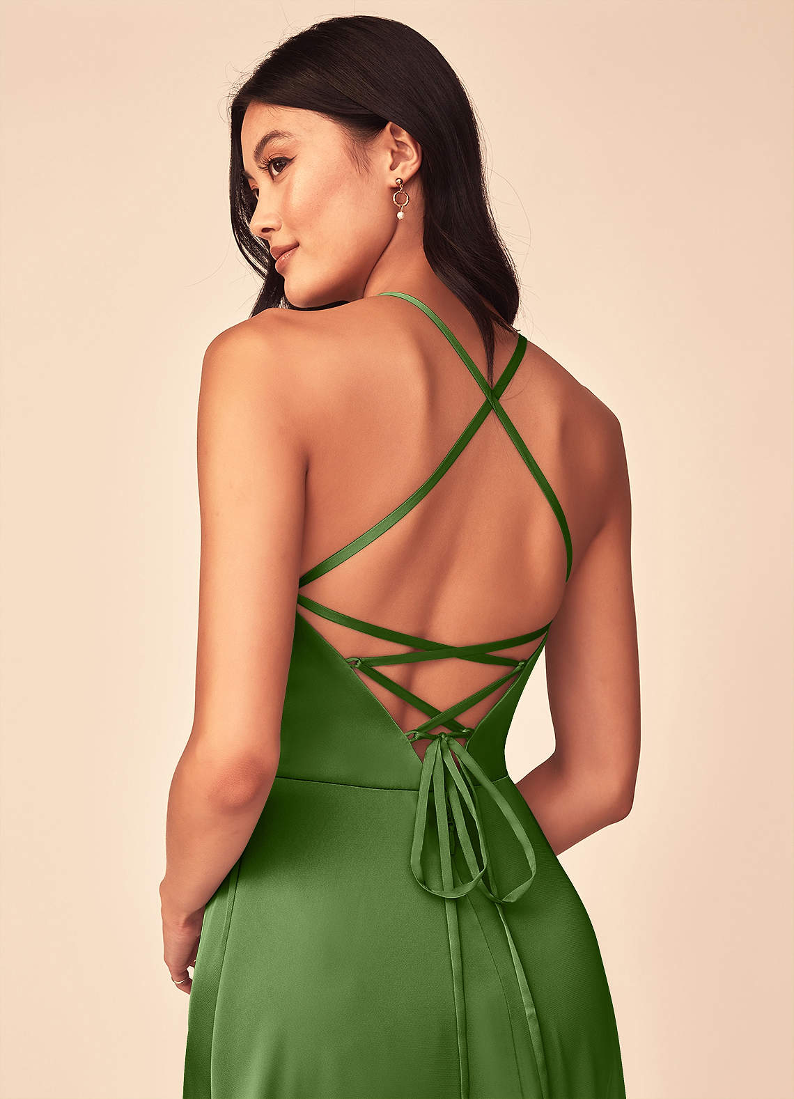 Mei A-Line V-Neck Stretch Satin Bridesmaid Dress in Basil