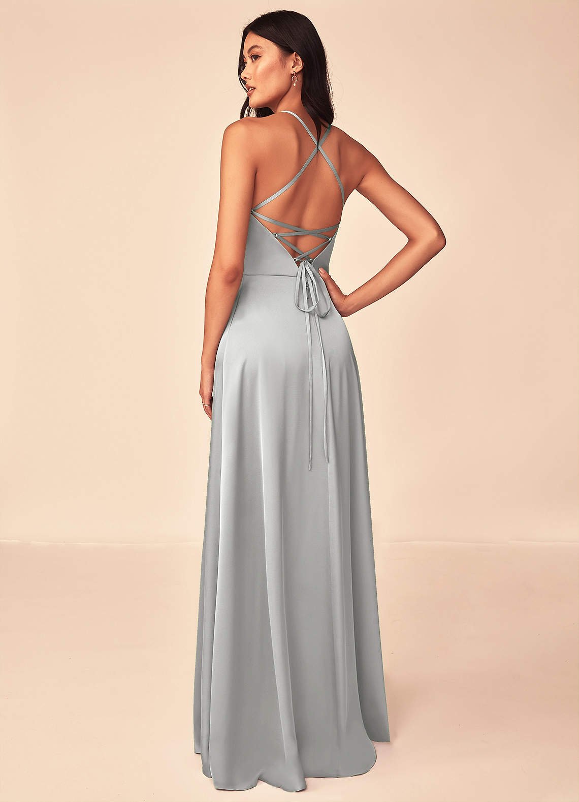Mei A-Line V-Neck Stretch Satin Bridesmaid Dress in Silver