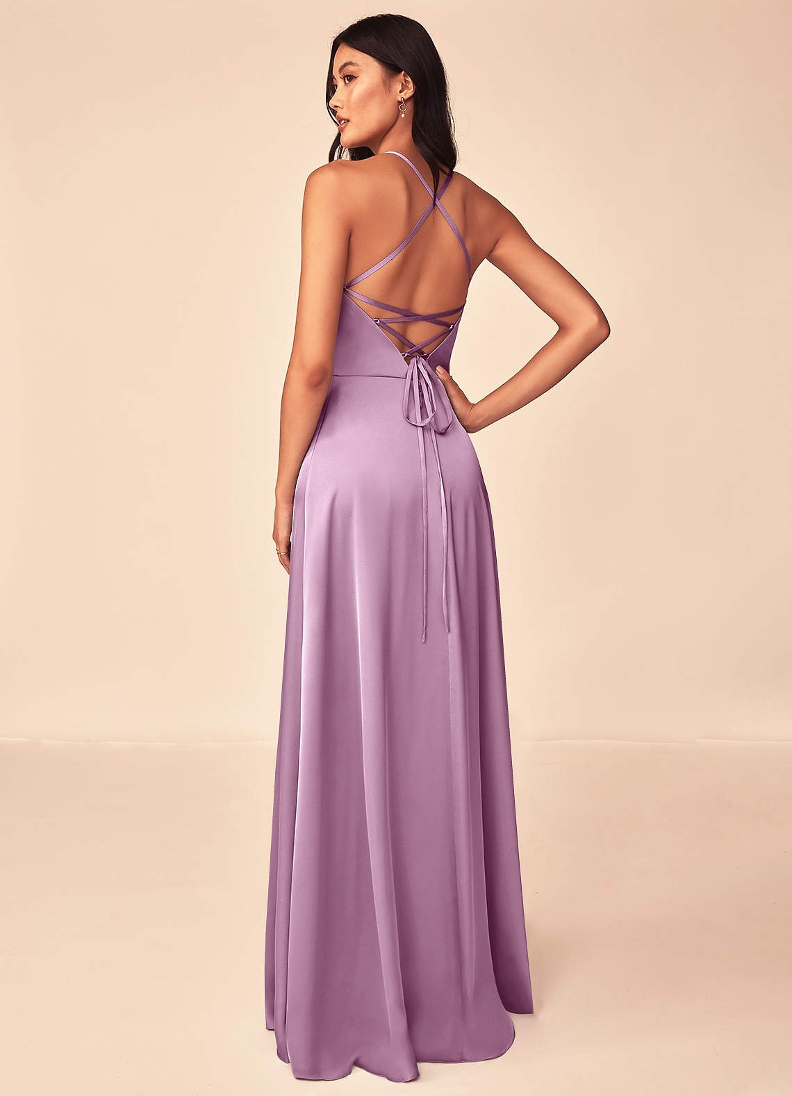 Mei A-Line V-Neck Stretch Satin Bridesmaid Dress in Wisteria