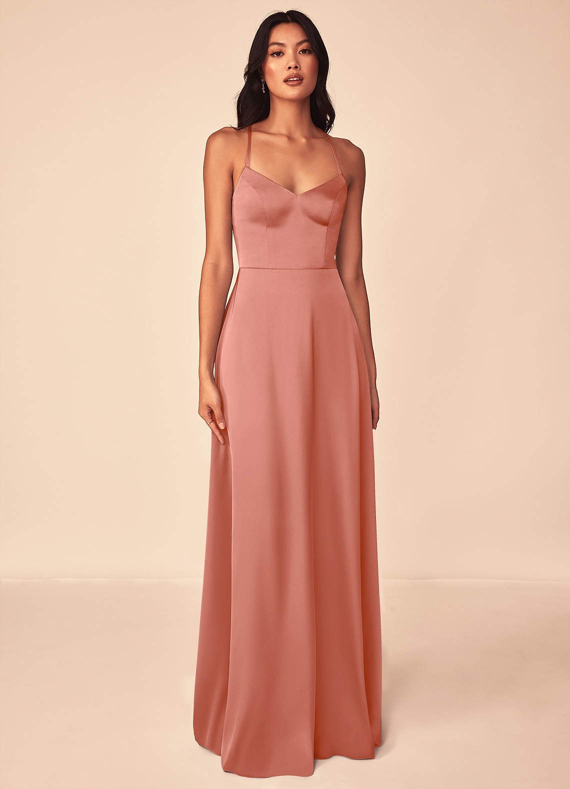 Mei A-Line V-Neck Stretch Satin Bridesmaid Dress in Salmon Pink