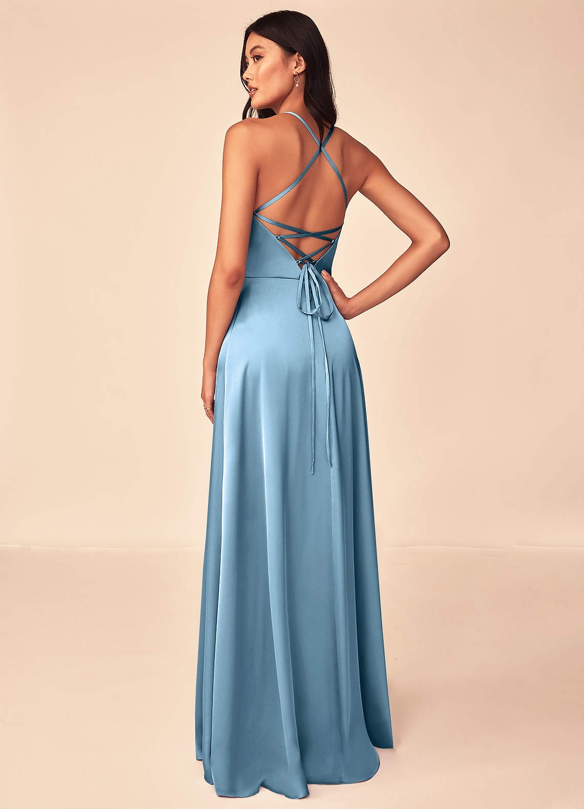 Mei A-Line V-Neck Stretch Satin Bridesmaid Dress in Steel Blue