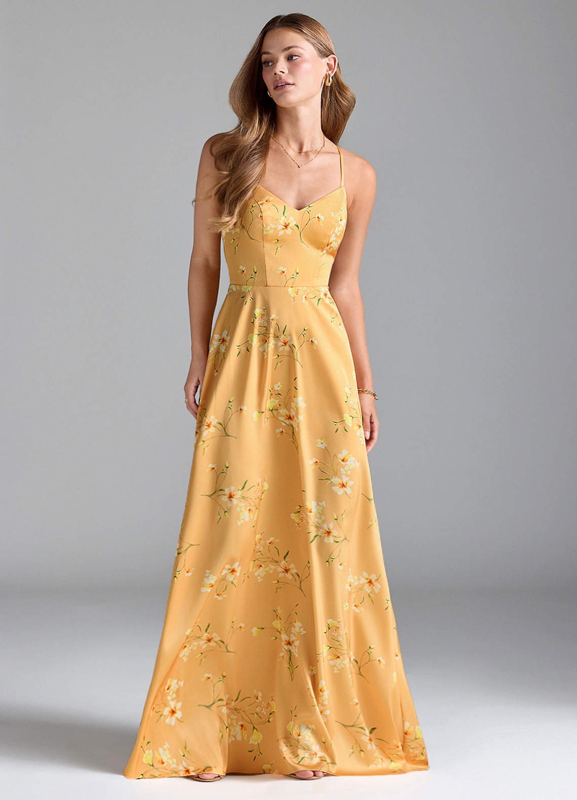 Mei A-Line V-Neck Stretch Satin Bridesmaid Dress in Golden Blooms