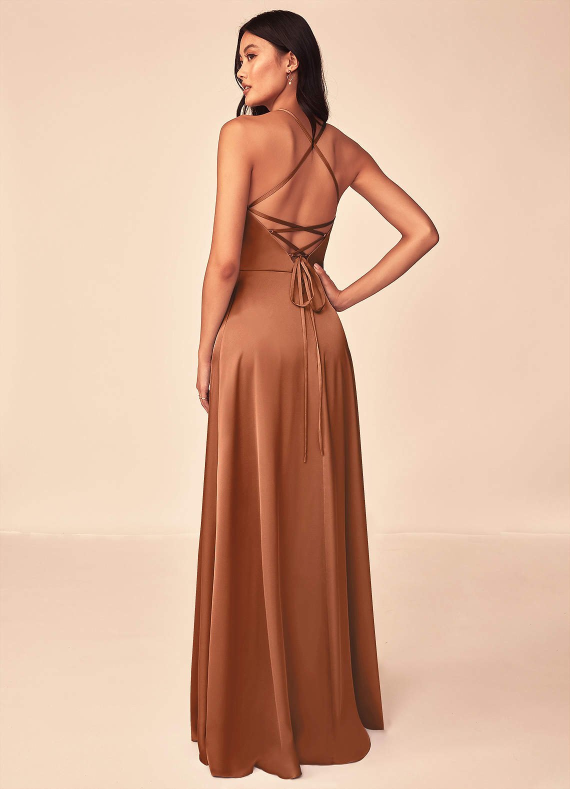 Mei A-Line V-Neck Stretch Satin Bridesmaid Dress in Copper