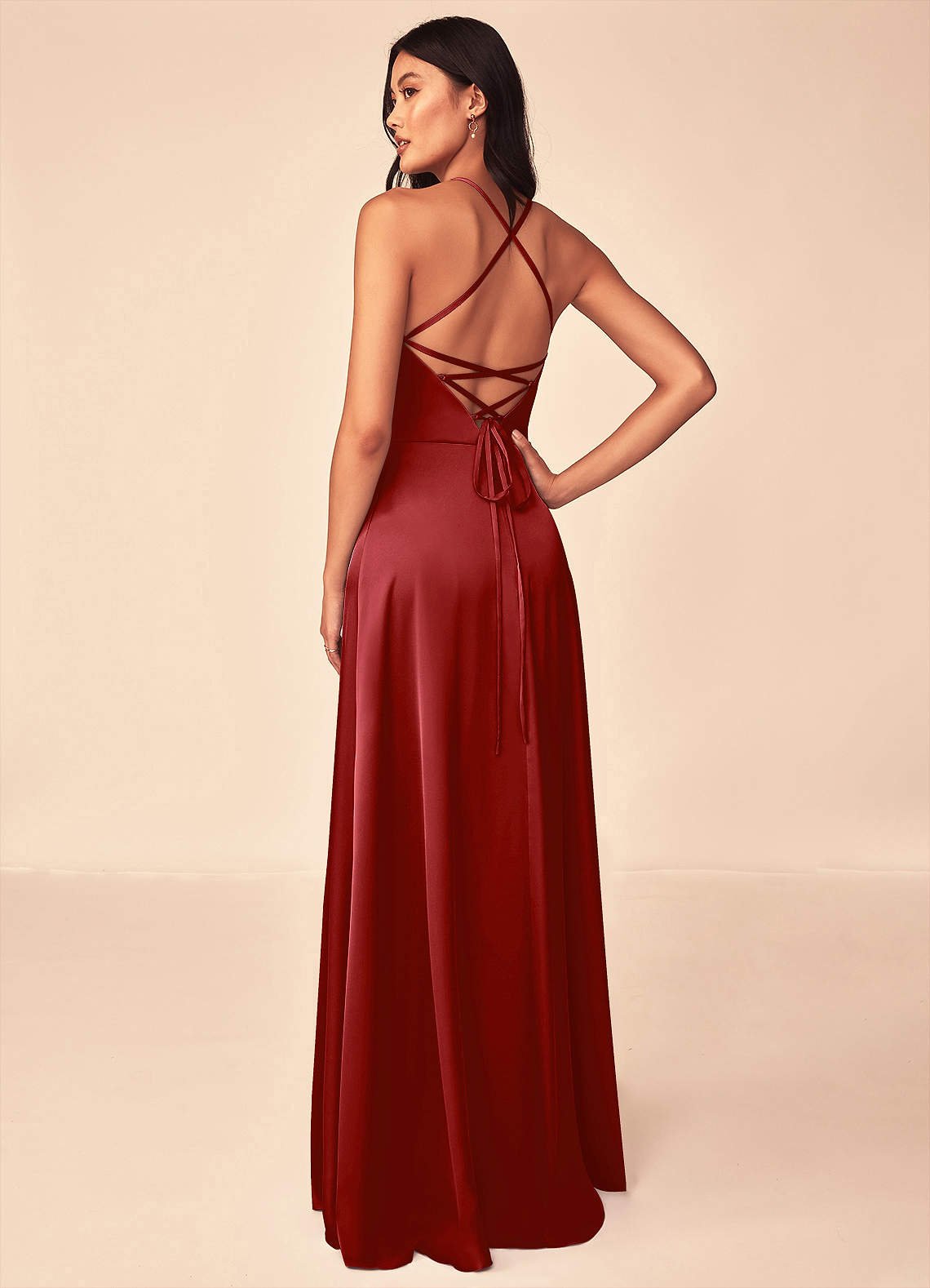 Mei A-Line V-Neck Stretch Satin Bridesmaid Dress in Pomegranate