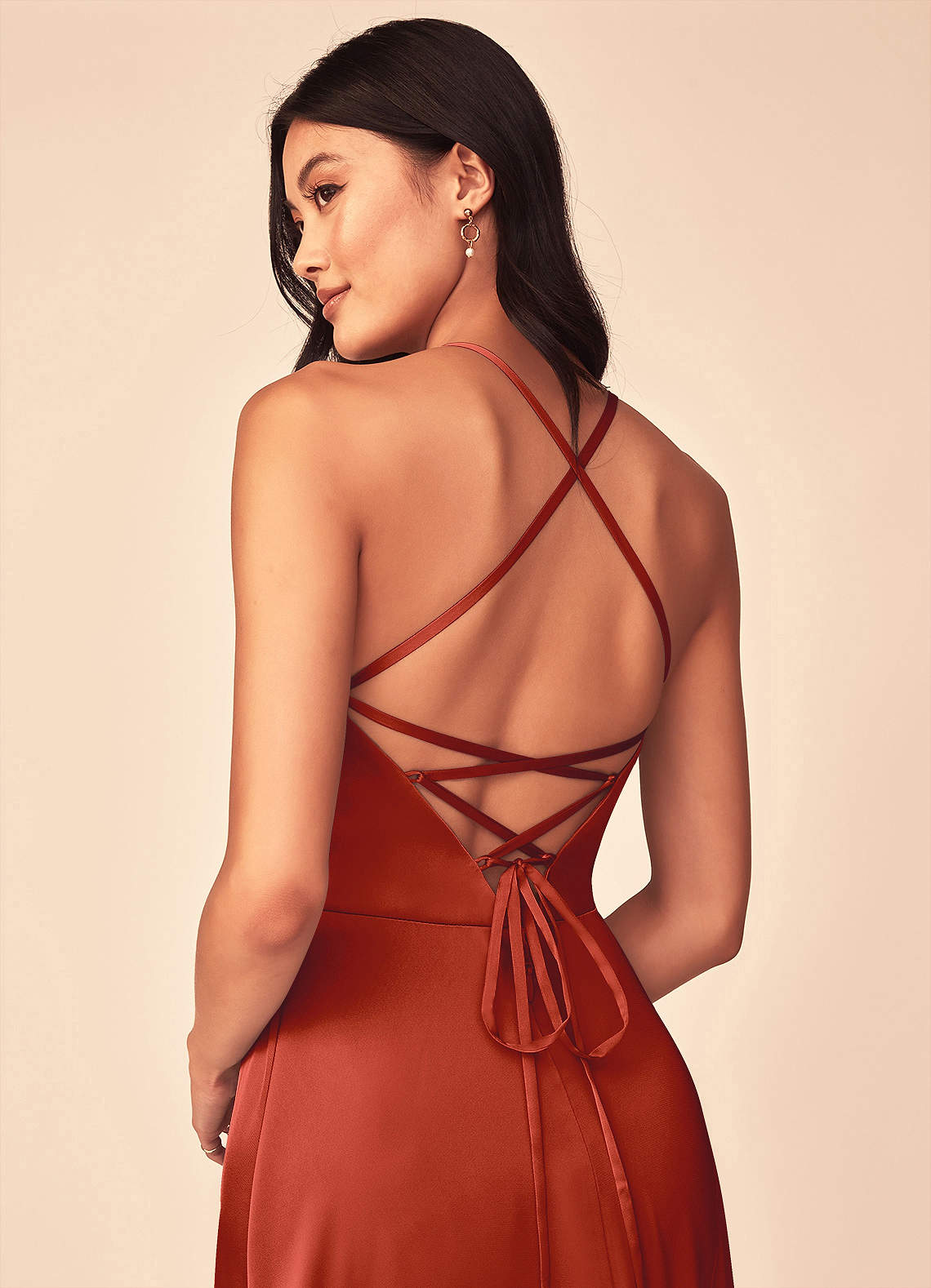 Mei A-Line V-Neck Stretch Satin Bridesmaid Dress in Rust