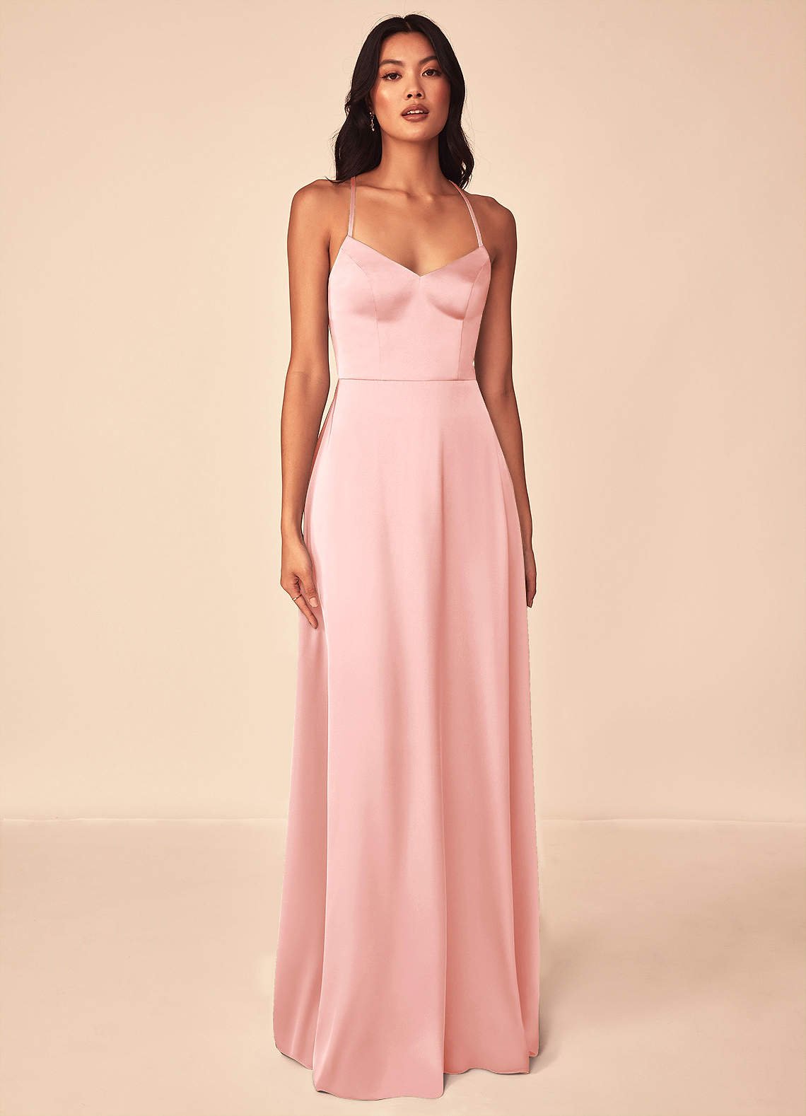 Mei A-Line V-Neck Stretch Satin Bridesmaid Dress in Powder Pink