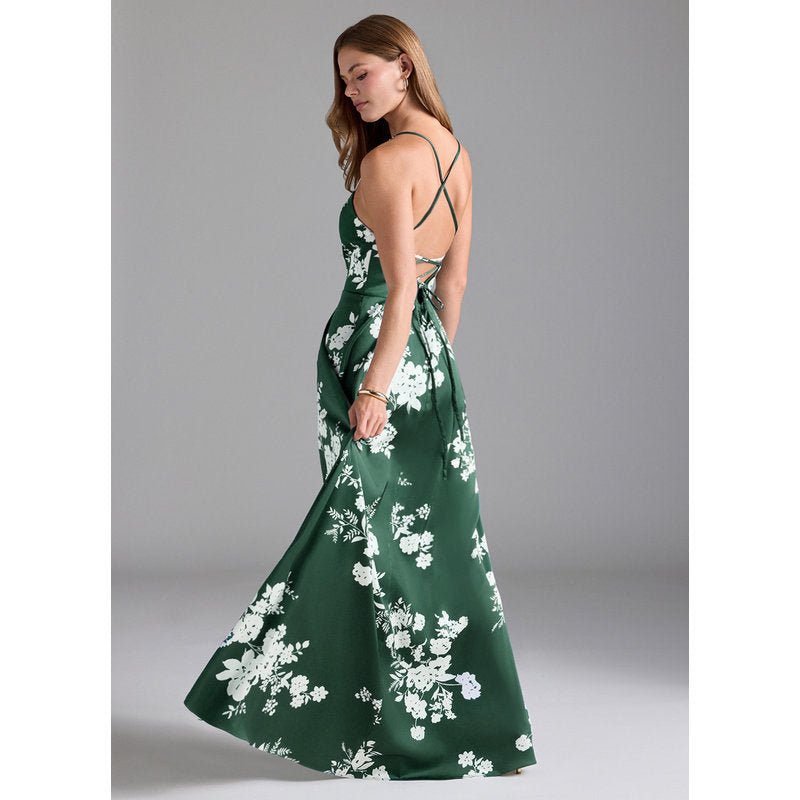 Mei A-Line V-Neck Stretch Satin Bridesmaid Dress in Green Botanicals - official gallery view 2