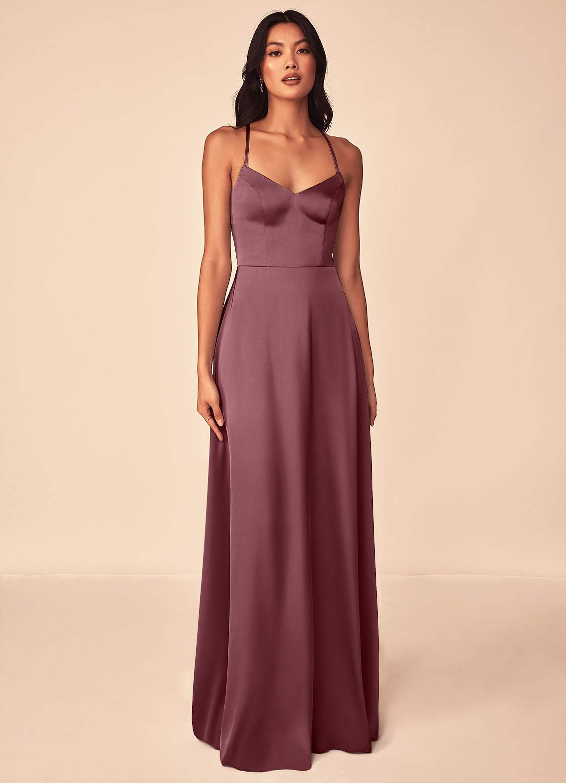 Mei A-Line V-Neck Stretch Satin Bridesmaid Dress in Desert Rose