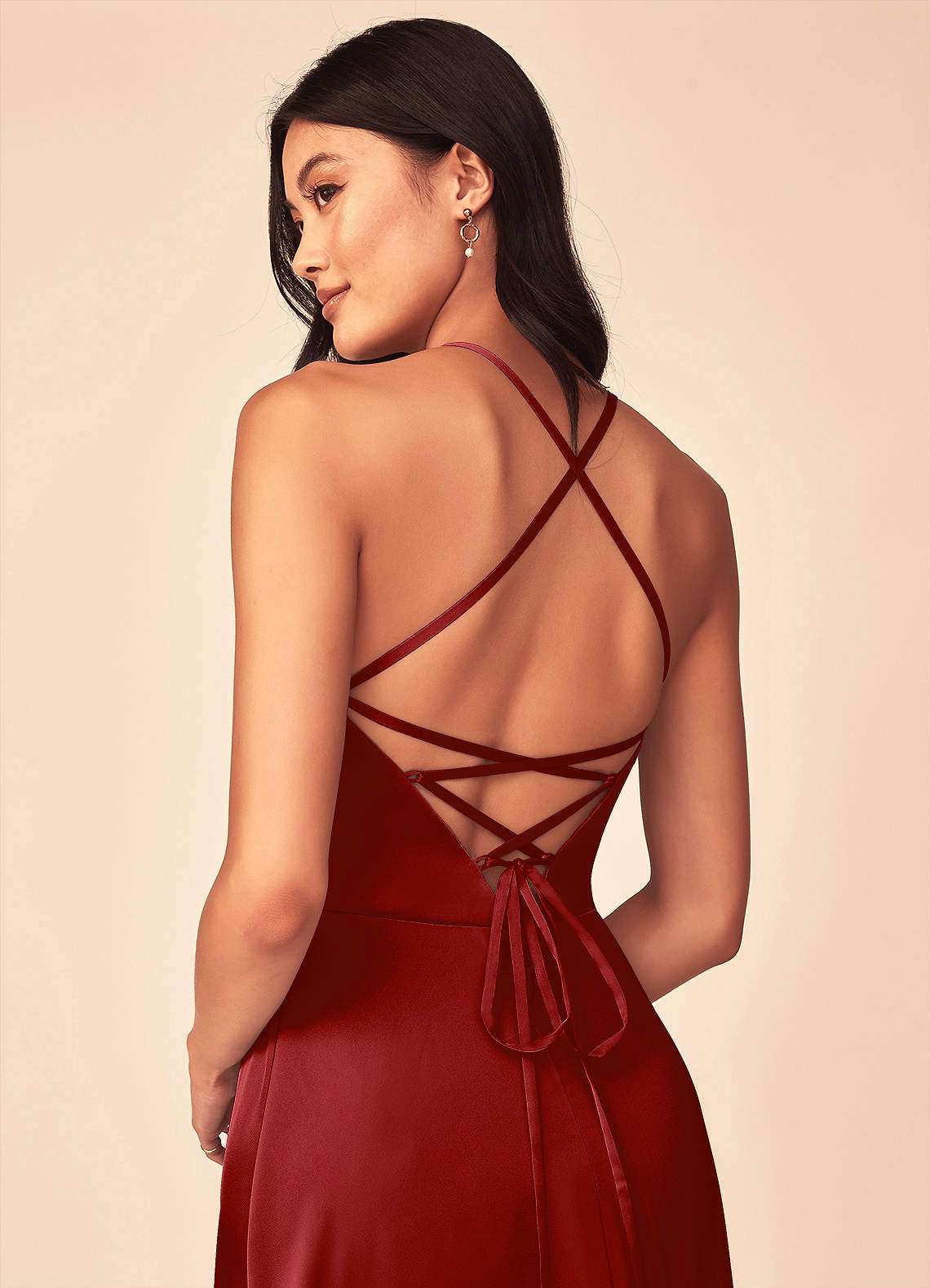 Mei A-Line V-Neck Stretch Satin Bridesmaid Dress in Pomegranate