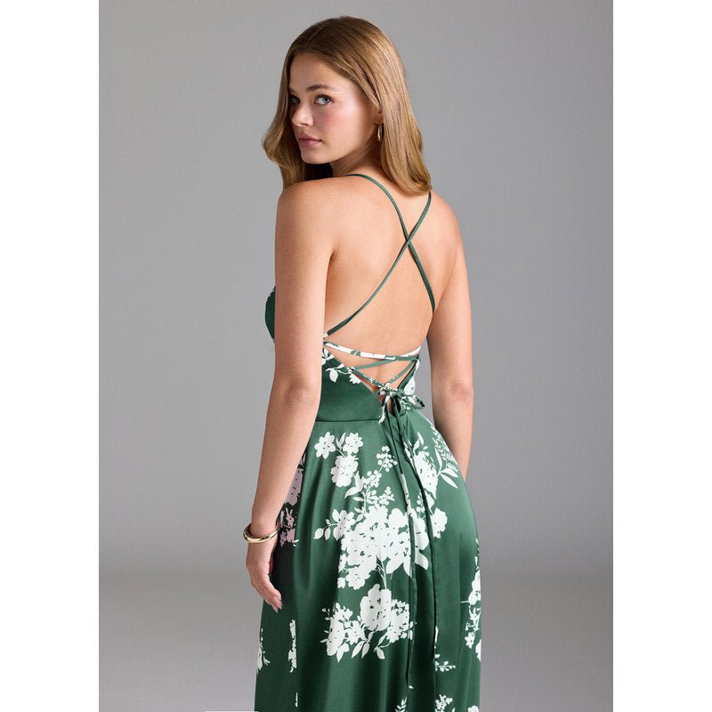 Mei A-Line V-Neck Stretch Satin Bridesmaid Dress in Green Botanicals - official gallery view 7