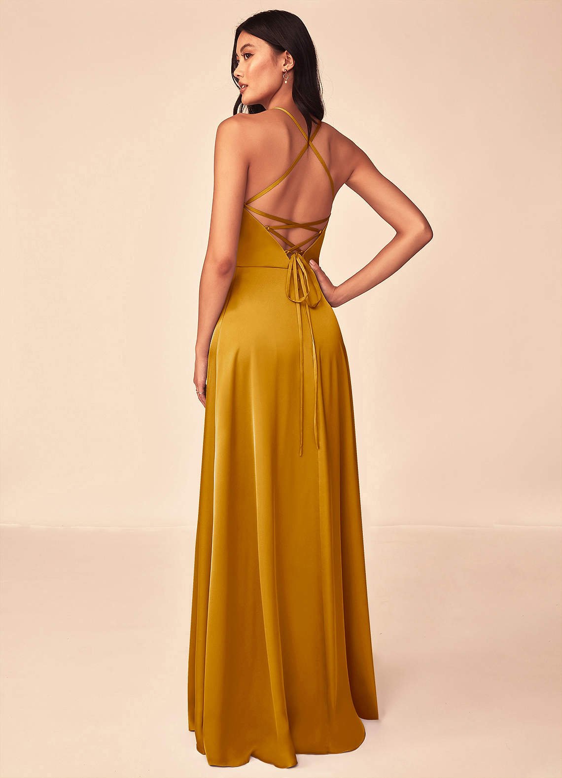 Mei A-Line V-Neck Stretch Satin Bridesmaid Dress in butterscotch