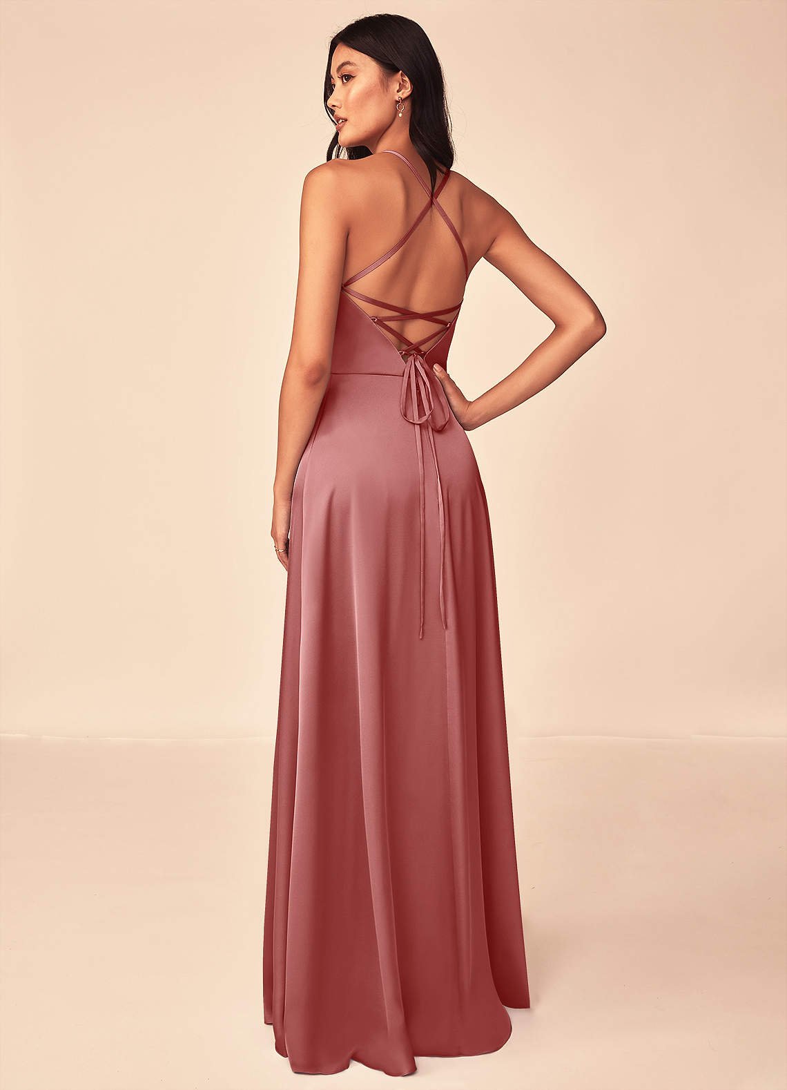 Mei A-Line V-Neck Stretch Satin Bridesmaid Dress in Antique Rose