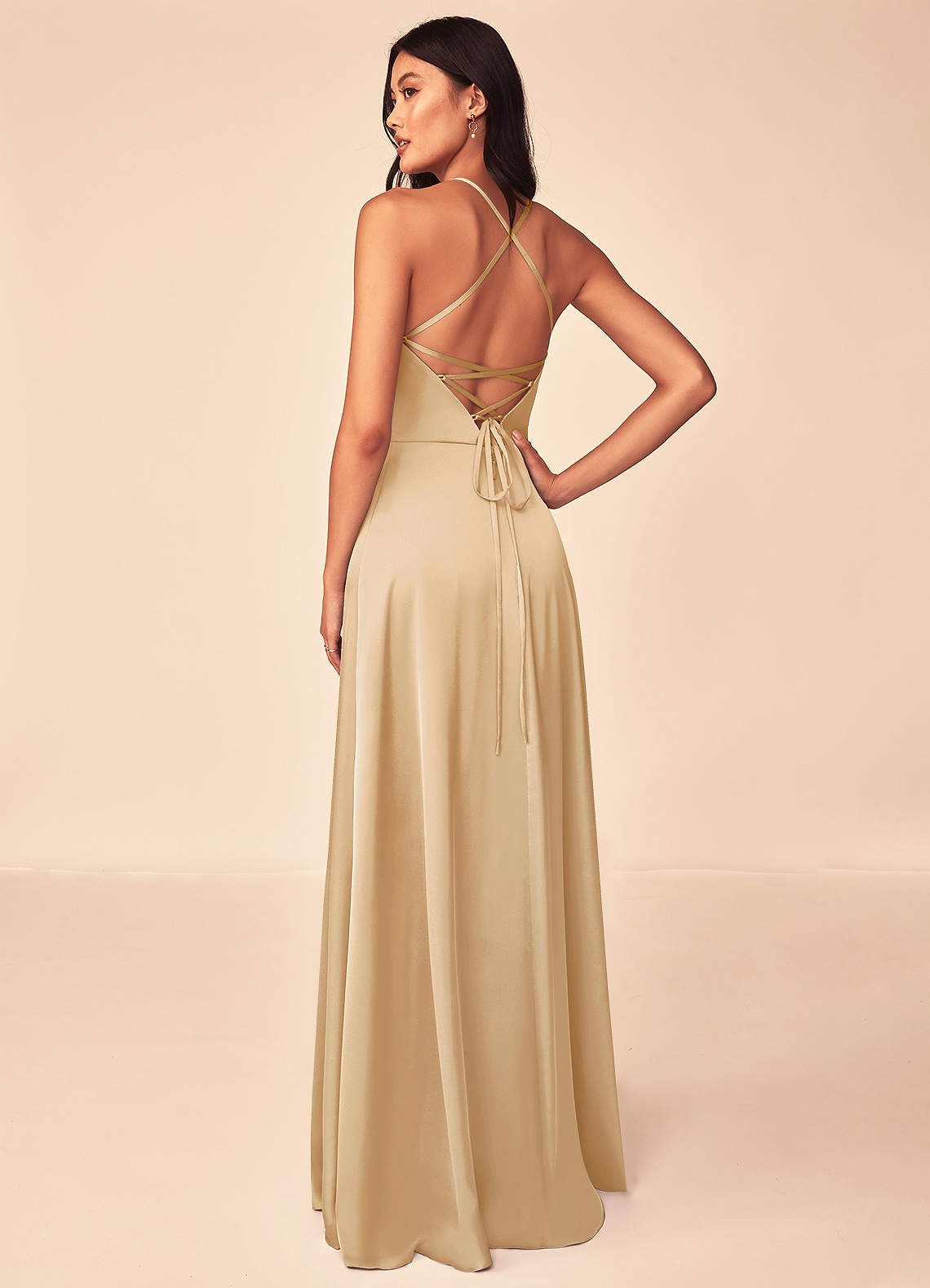 Mei A-Line V-Neck Stretch Satin Bridesmaid Dress in Gold