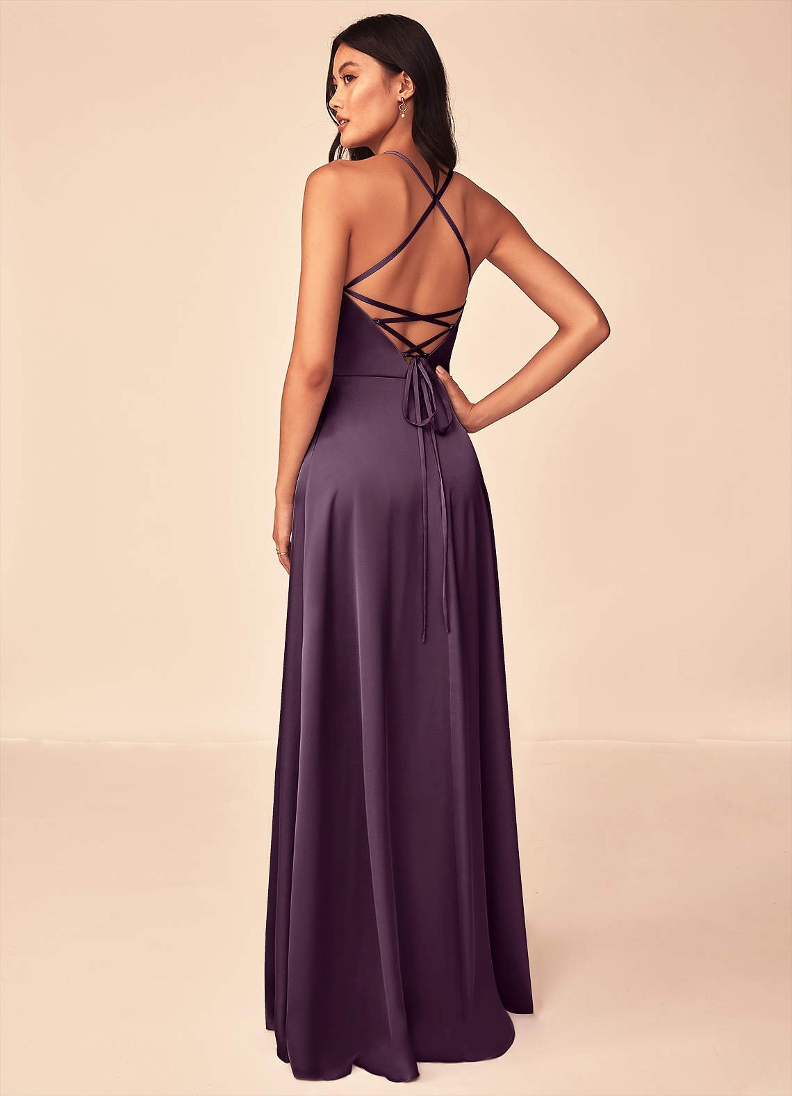 Mei A-Line V-Neck Stretch Satin Bridesmaid Dress in Plum
