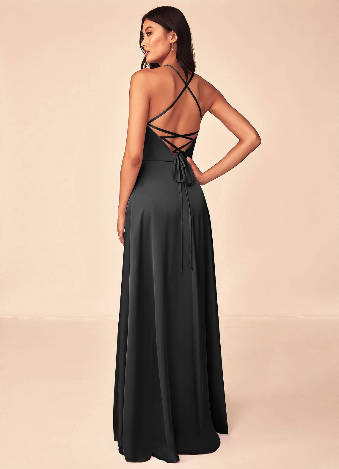 Mei A-Line V-Neck Stretch Satin Bridesmaid Dress in black