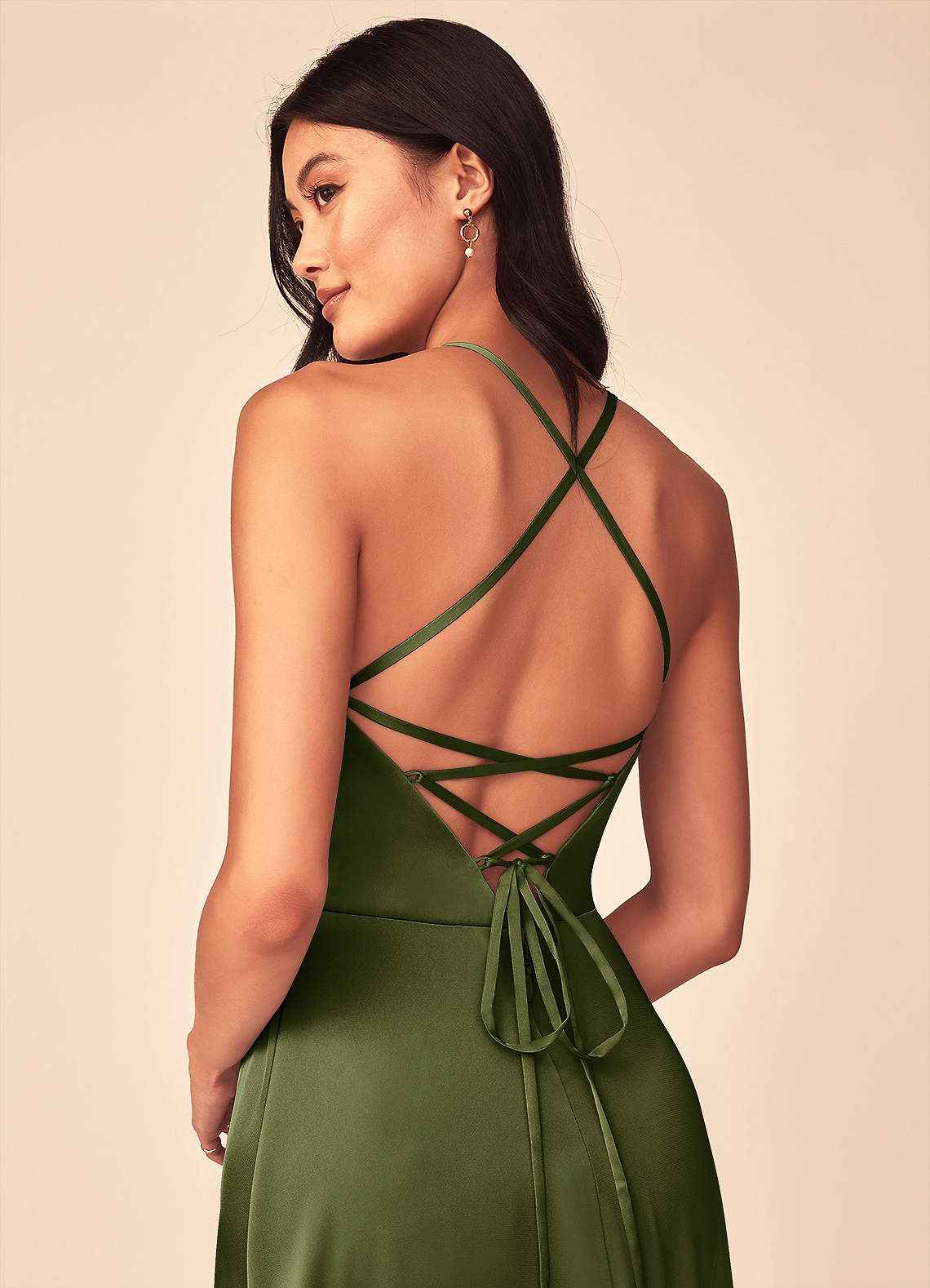 Mei A-Line V-Neck Stretch Satin Bridesmaid Dress in Olive