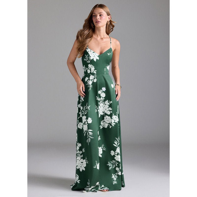 Mei A-Line V-Neck Stretch Satin Bridesmaid Dress in Green Botanicals - official gallery view 1