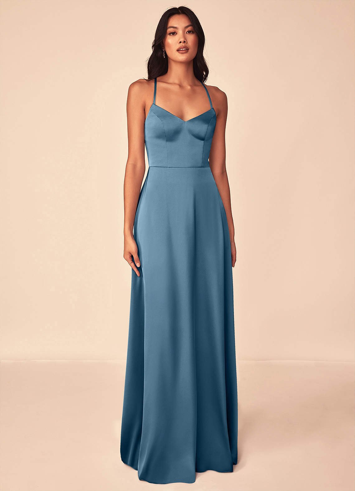Mei A-Line V-Neck Stretch Satin Bridesmaid Dress in Bermuda