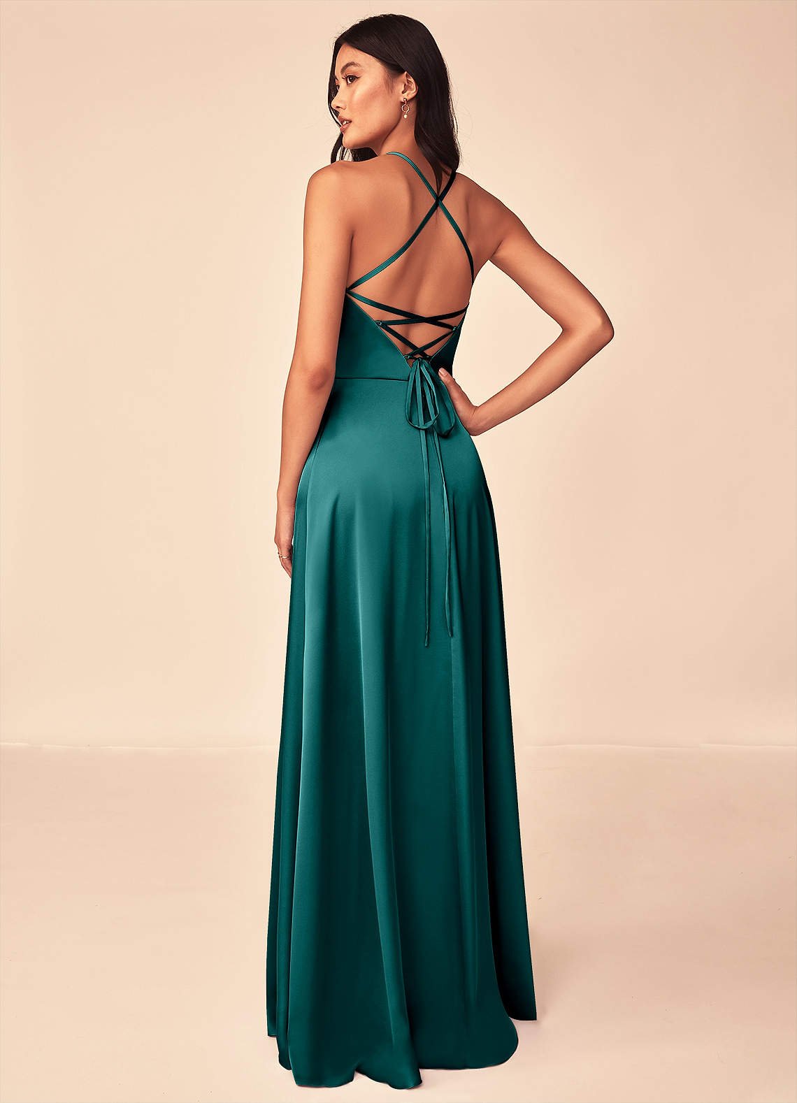 Mei A-Line V-Neck Stretch Satin Bridesmaid Dress in Peacock