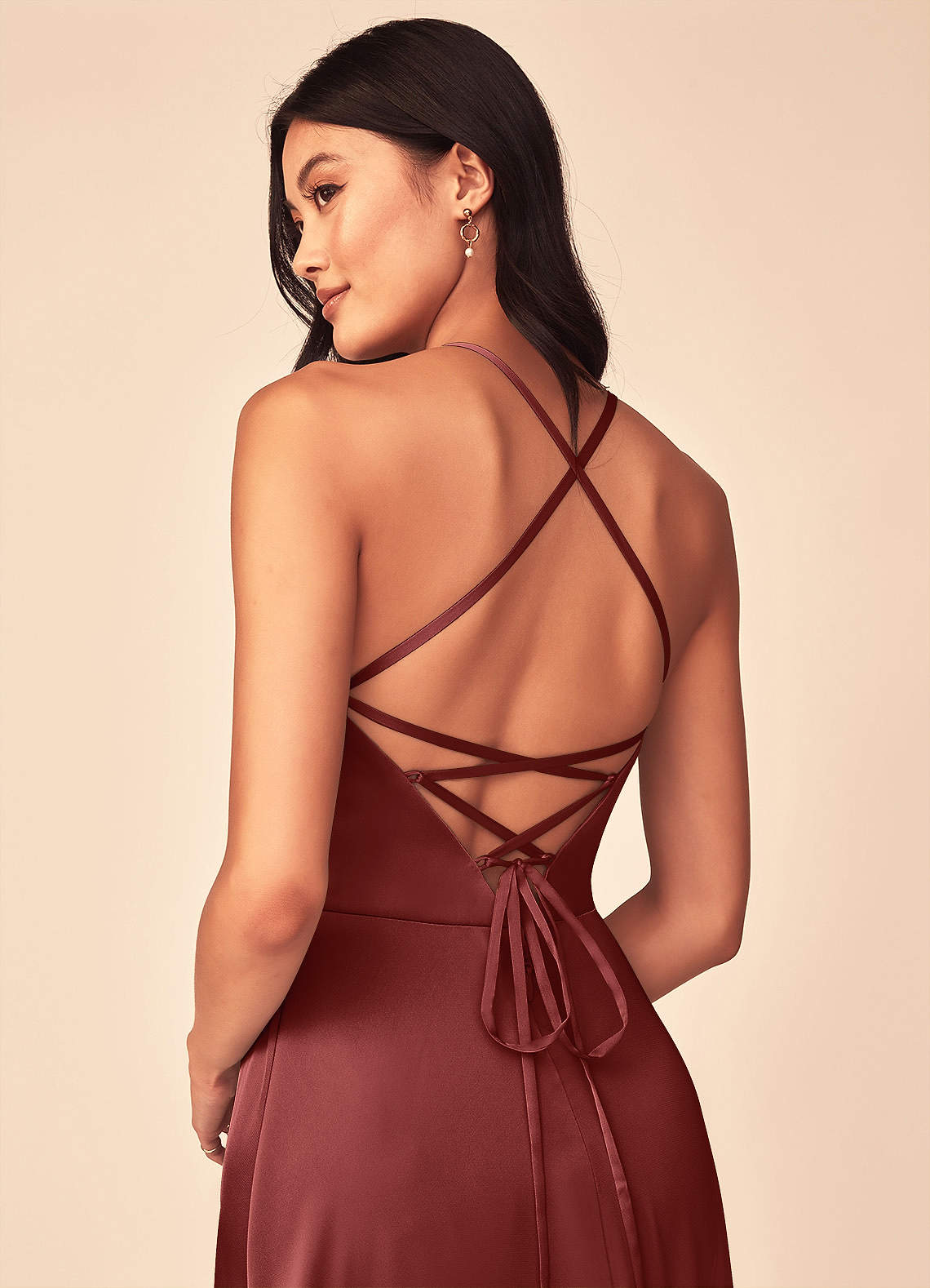Mei A-Line V-Neck Stretch Satin Bridesmaid Dress in Terracotta