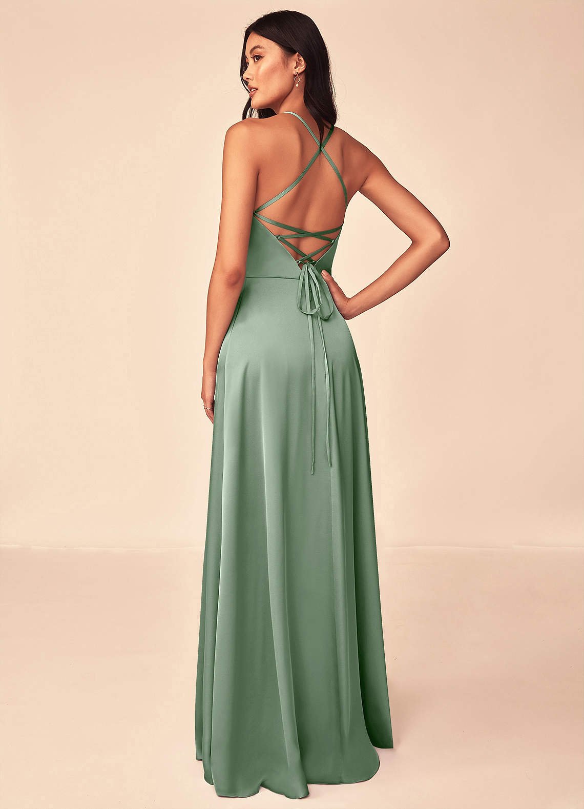 Mei A-Line V-Neck Stretch Satin Bridesmaid Dress in Matcha