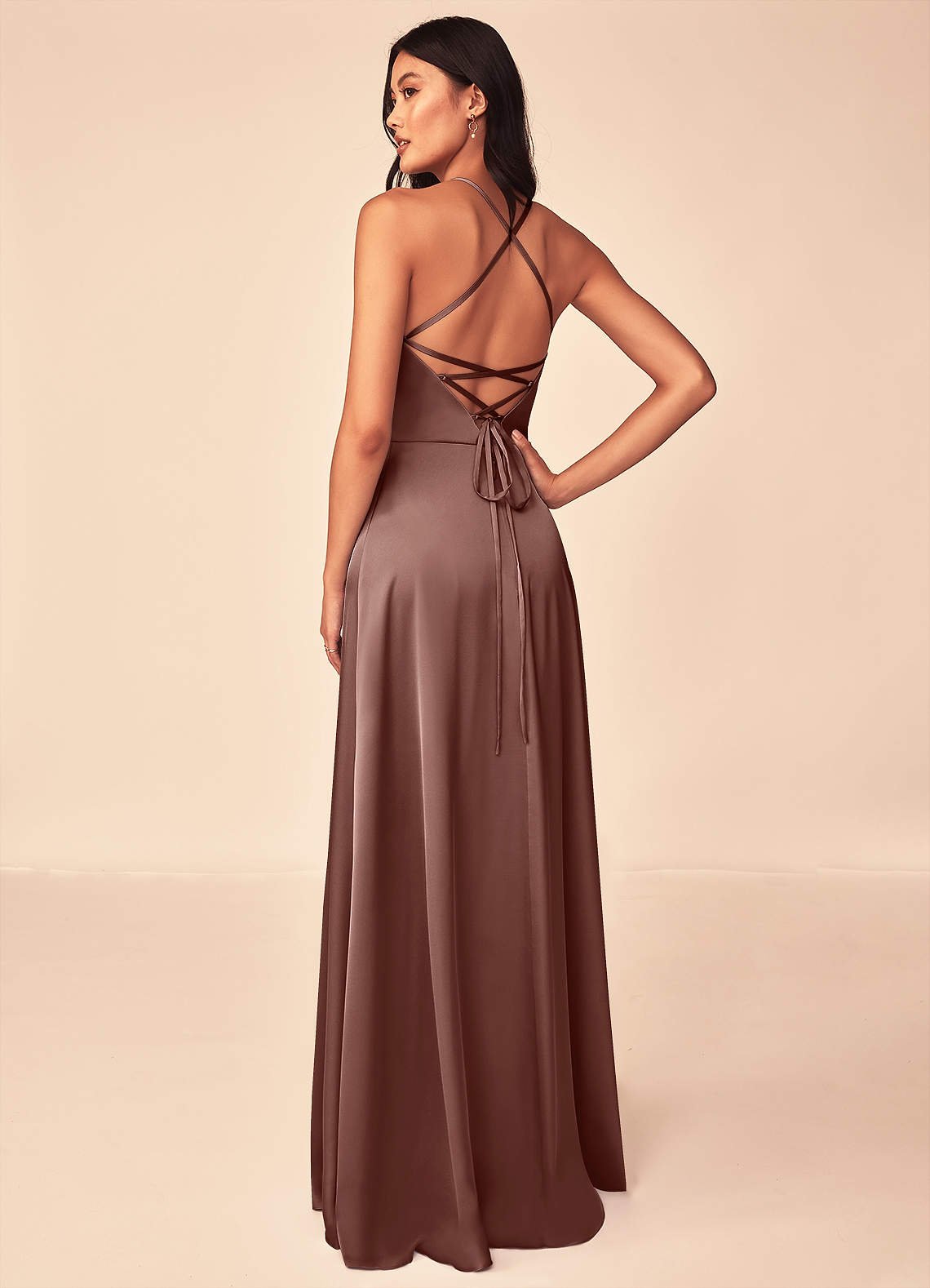 Mei A-Line V-Neck Stretch Satin Bridesmaid Dress in Espresso