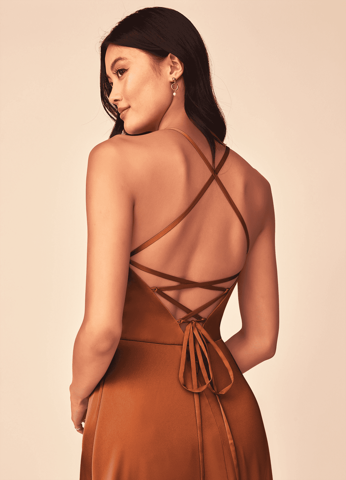 Mei A-Line V-Neck Stretch Satin Bridesmaid Dress in Cinnamon