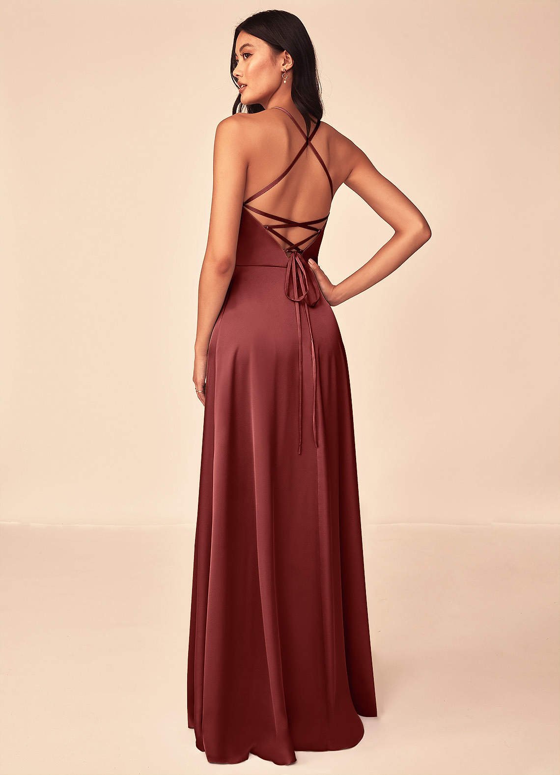 Mei A-Line V-Neck Stretch Satin Bridesmaid Dress in Terracotta