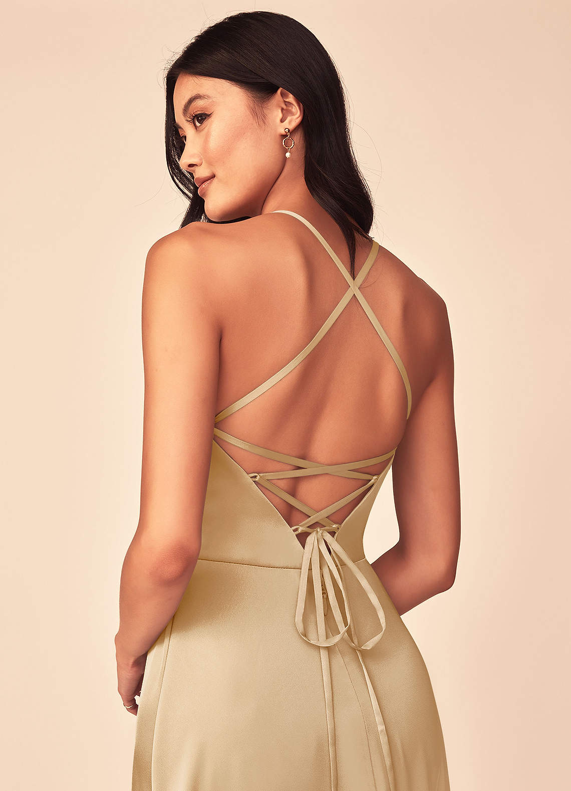 Mei A-Line V-Neck Stretch Satin Bridesmaid Dress in Gold