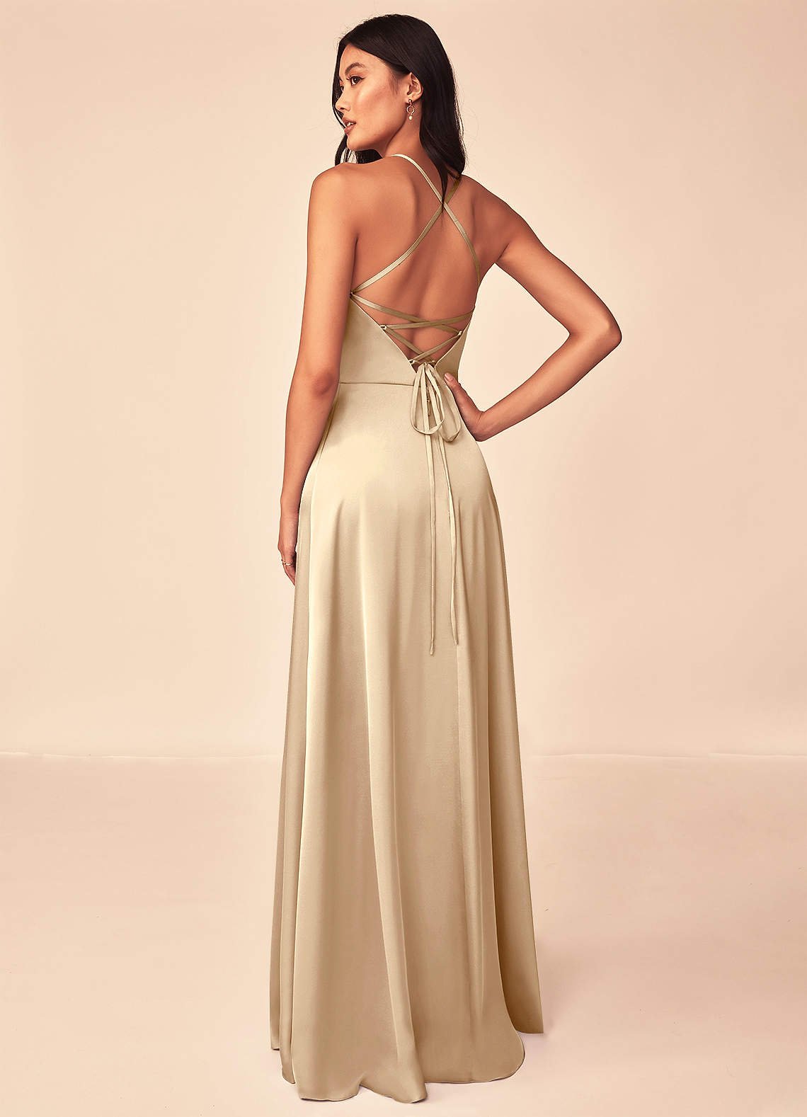 Mei A-Line V-Neck Stretch Satin Bridesmaid Dress in Champagne