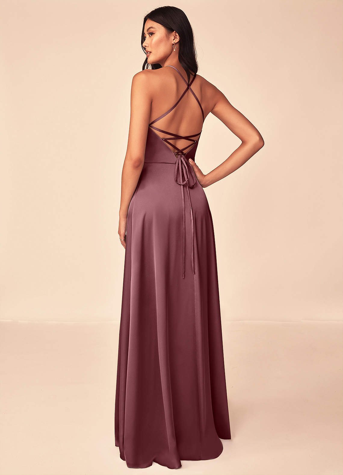 Mei A-Line V-Neck Stretch Satin Bridesmaid Dress in Desert Rose
