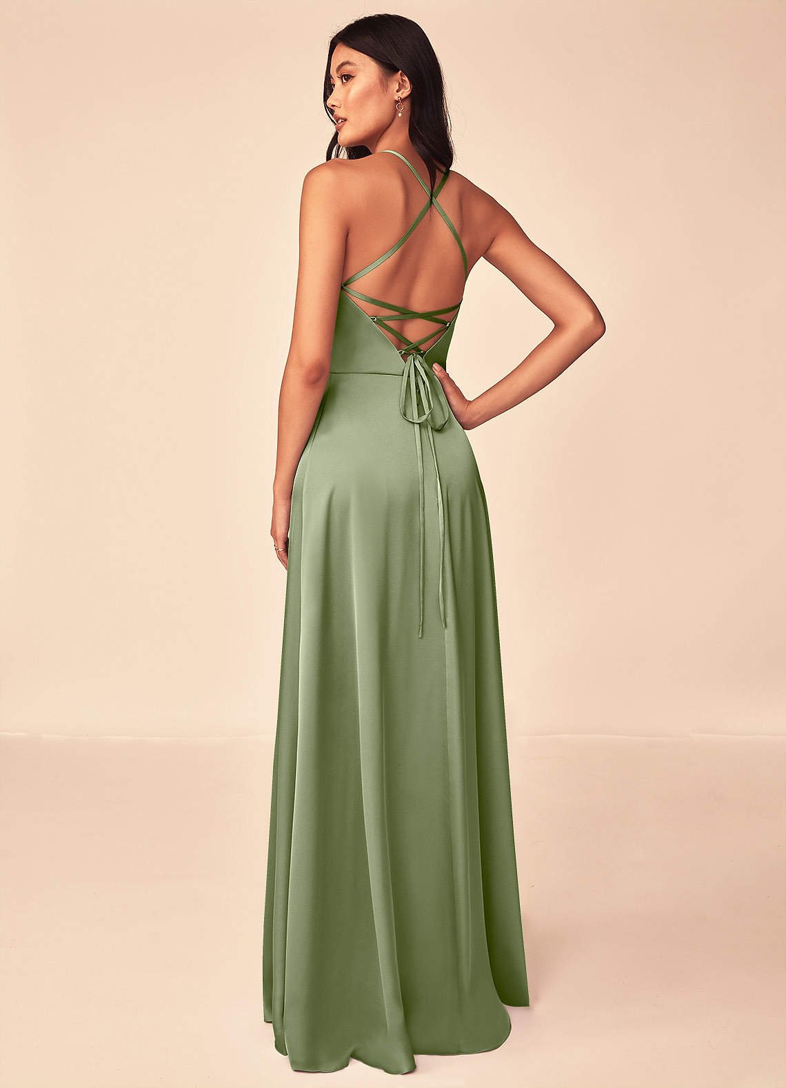 Mei A-Line V-Neck Stretch Satin Bridesmaid Dress in Pistachio