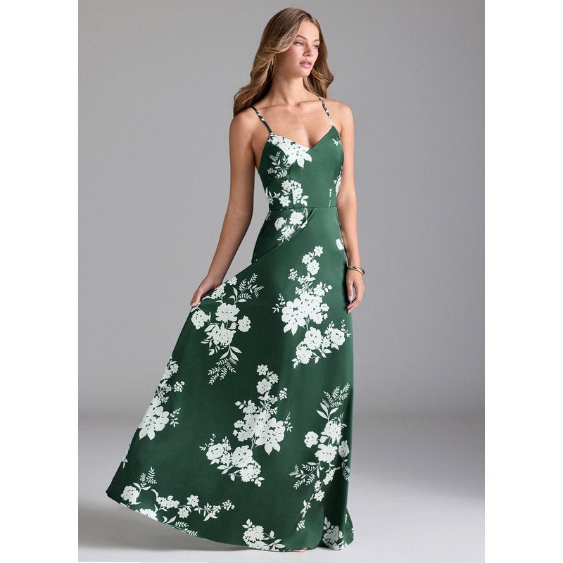 Mei A-Line V-Neck Stretch Satin Bridesmaid Dress in Green Botanicals - official gallery view 4